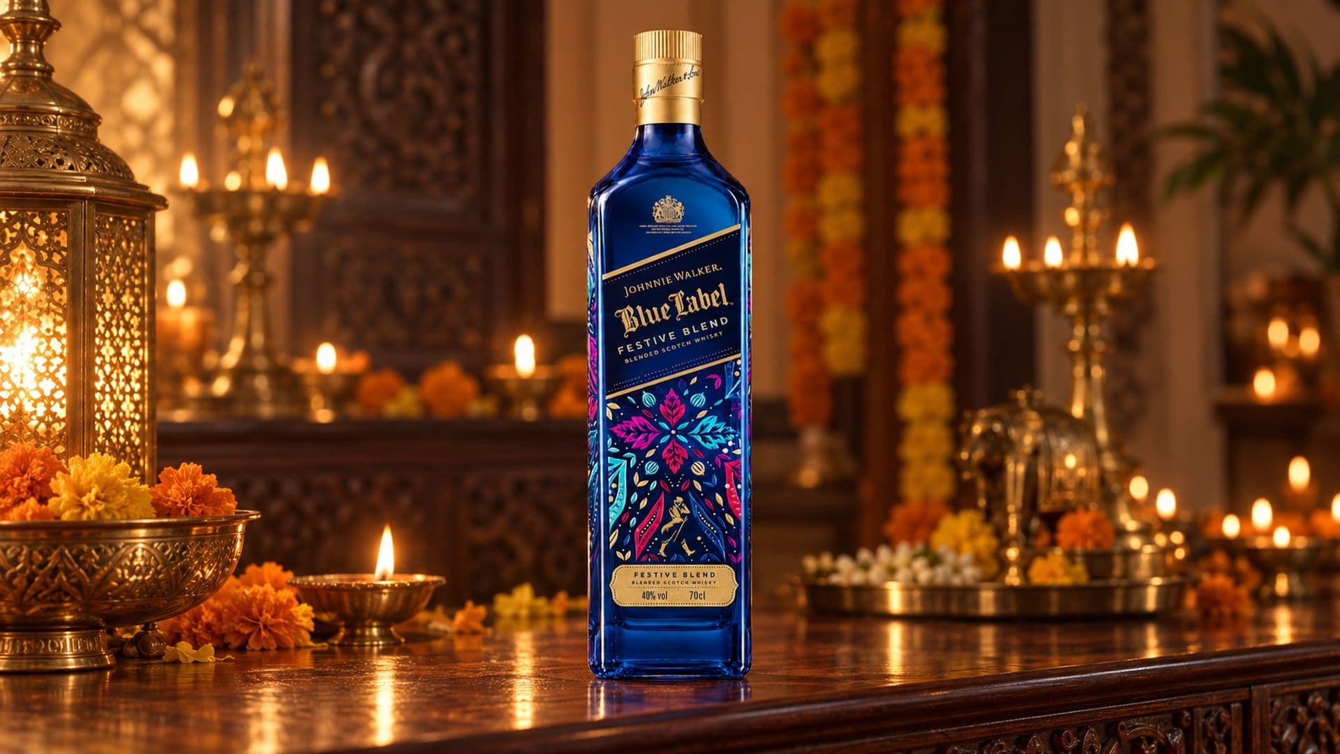 Die Johnnie Walker Blue Label Indian Festive Blend Flasche im bunten Rahul Mishra Festtagsdesign