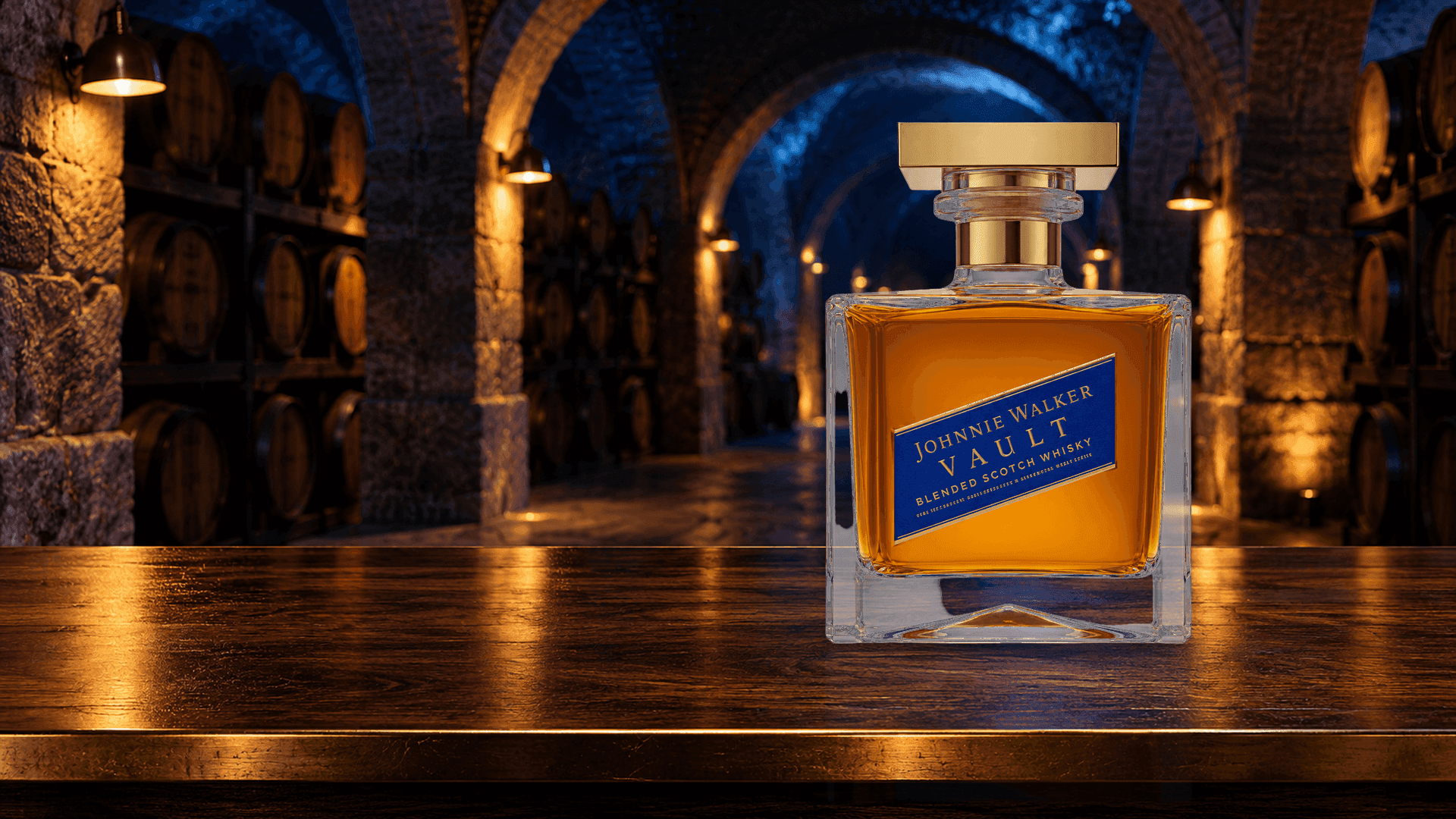 Johnnie Walker Vault decanter on a walnut table in a vaulted stone cellar lit in deep blue