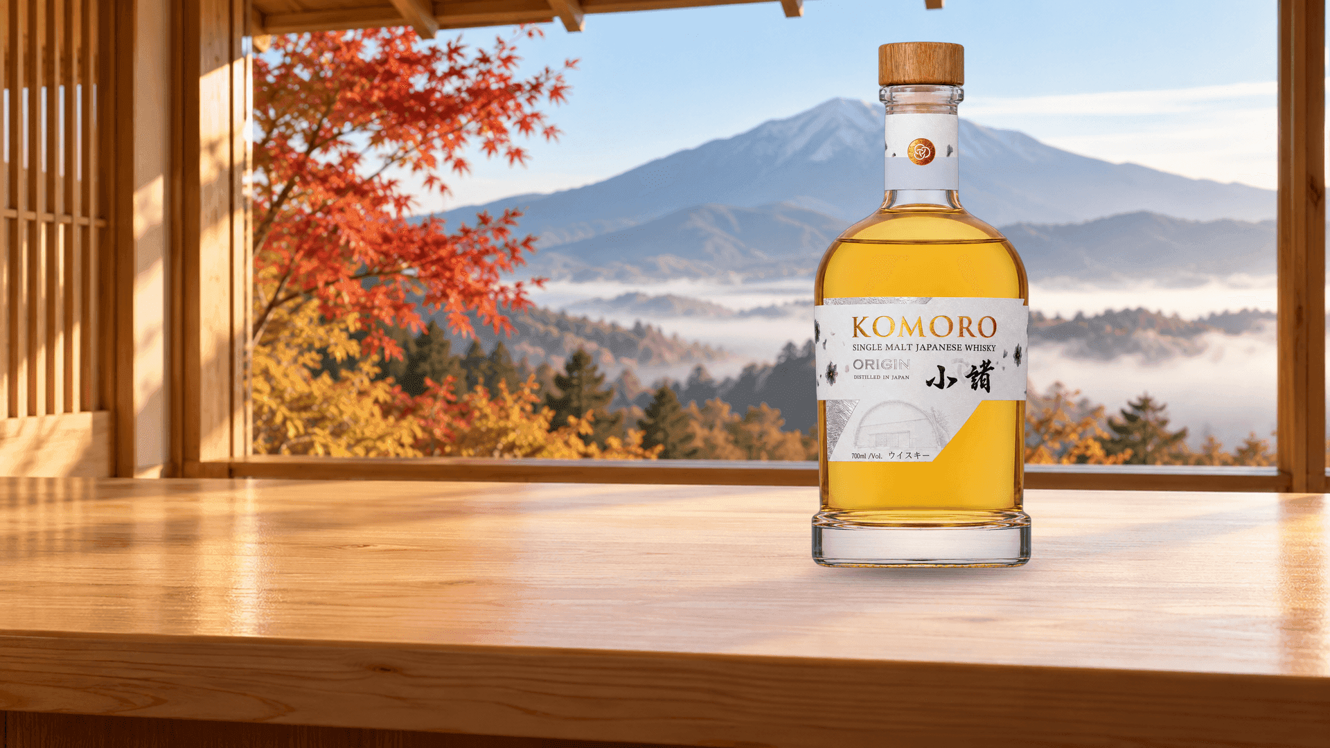 Bottiglia di Komoro Origin su un bancone di cipresso davanti a una finestra con vista sulle montagne in autunno