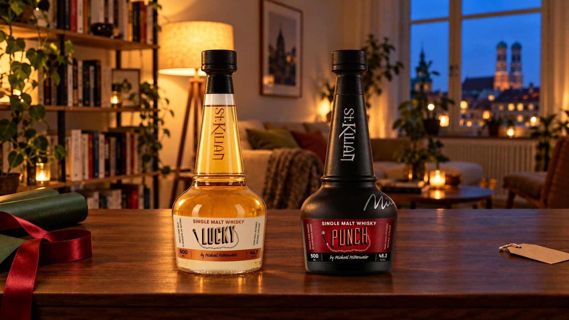 The whisky bottles Lucky and Punch on a walnut table in a cosy Munich living room, with gift wrapping paper, a red ribbon, a blank gift tag and a silver signature on the black Punch bottle