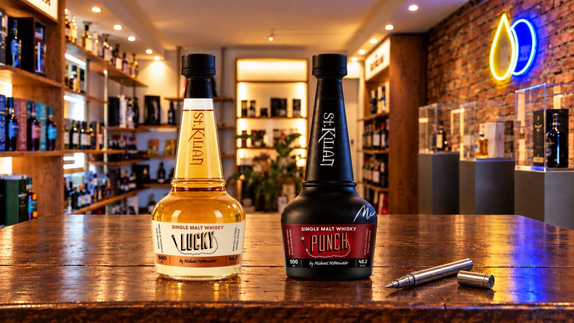 Die Whiskyflaschen Lucky und Punch auf dem Eichentisch im Spiritory Shop in München, mit einer silbernen Signatur auf der schwarzen Punch Flasche und einem silbernen Stift daneben