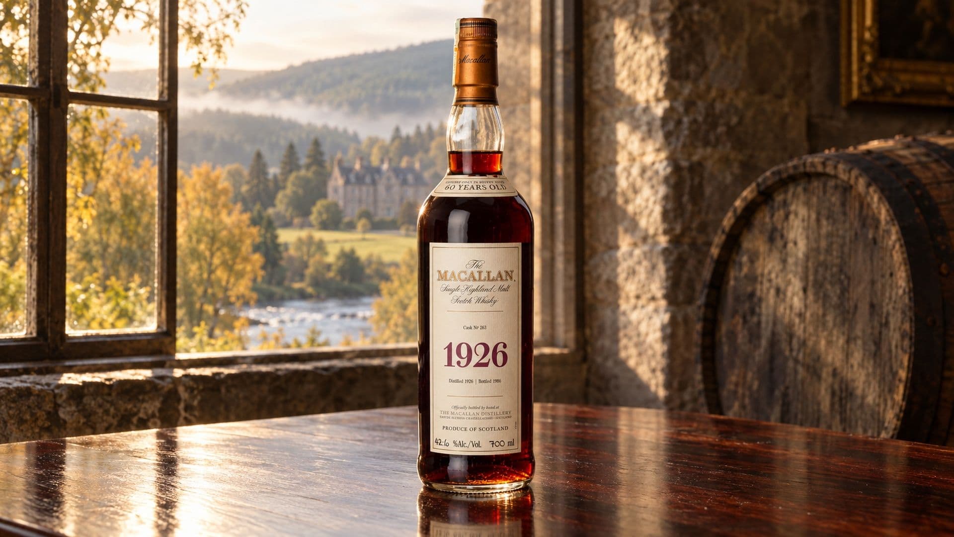 Bottiglia di Macallan 1926 60 Years Old su un tavolo lucido davanti alla finestra sulle colline autunnali di Speyside e il fiume Spey.