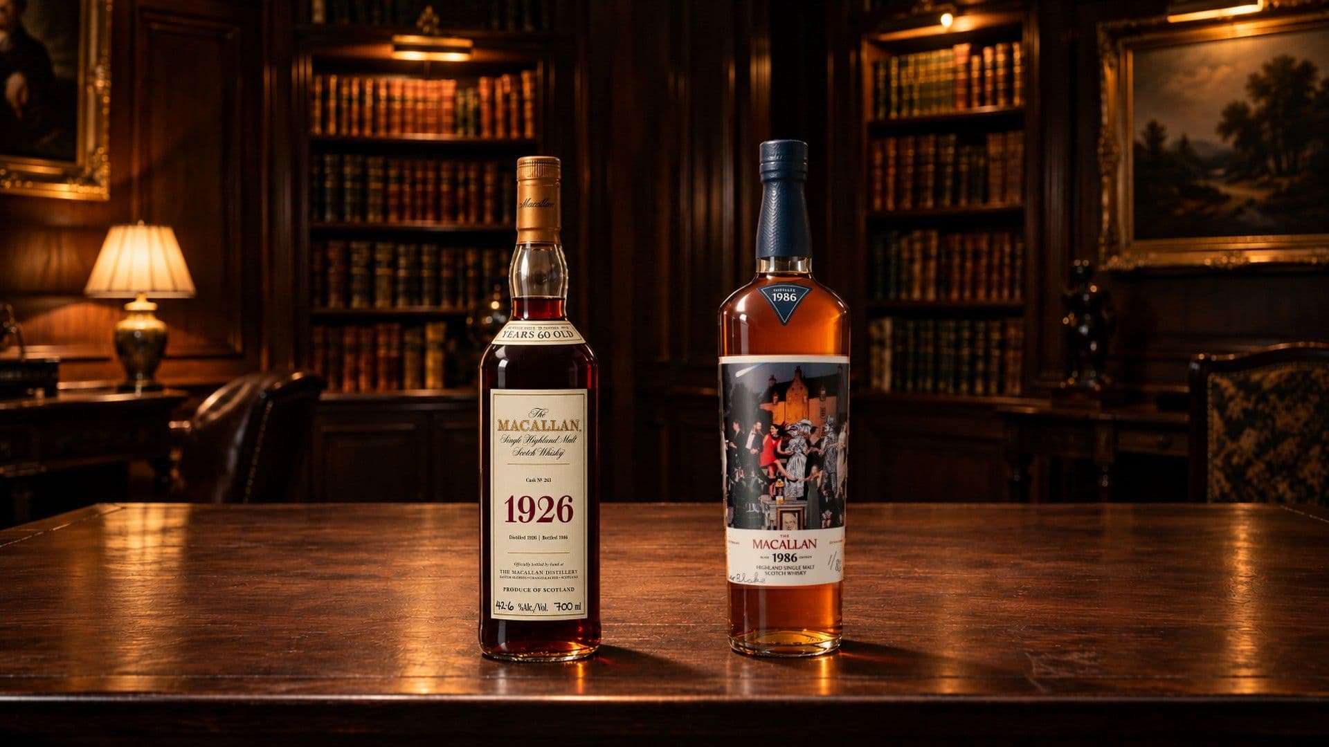 Zwei Macallan Flaschen, der 60 Years Old 1926 Cask Nr.263 und eine Romantica Edition von 1986, stehen auf einem dunklen Nussbaumtisch in einer sanft beleuchteten Bibliothek.