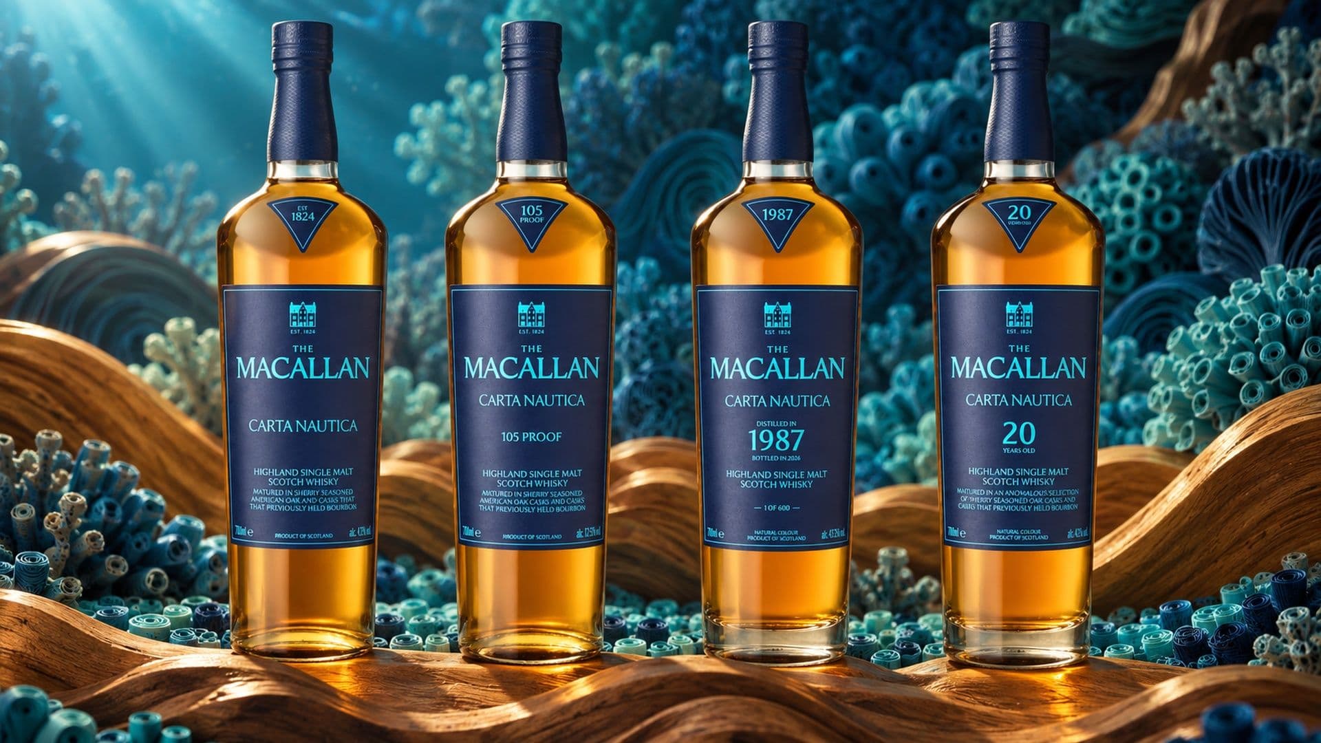 Die vier Macallan Carta Nautica Flaschen in einer Reihe auf geschnitzten Holzwellen vor einem Riff aus blauen und türkisen Papierkorallen.