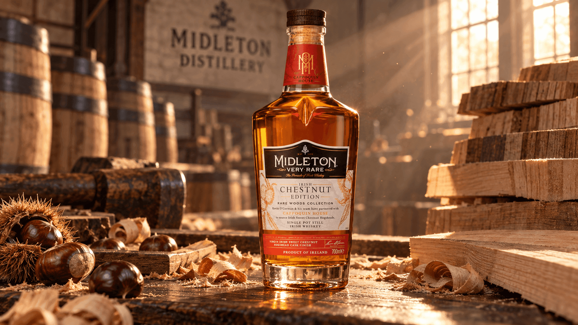 Bottiglia di Midleton Very Rare Irish Chestnut Edition con etichetta distintiva su sfondo neutro