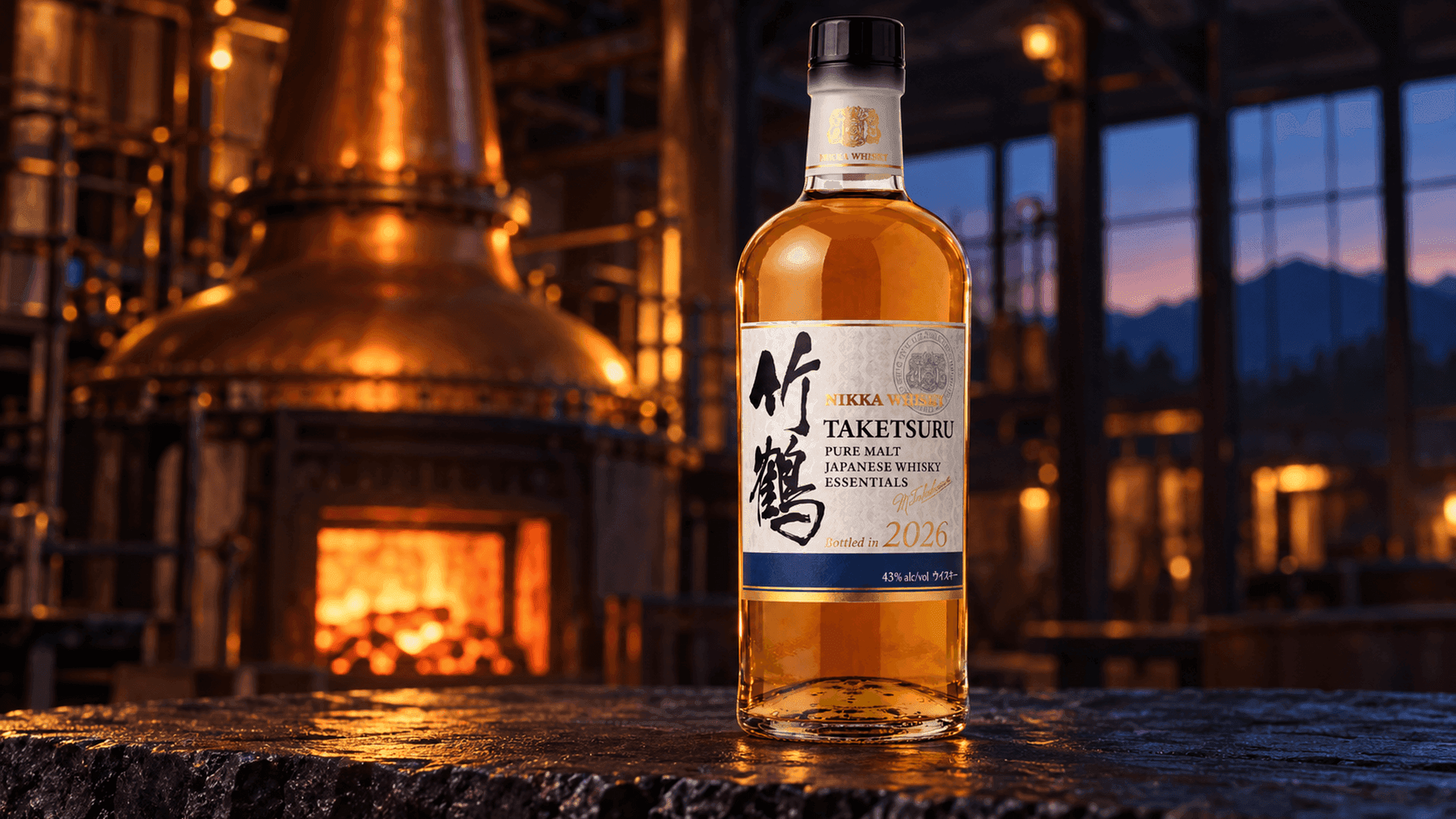 Nikka Taketsuru Pure Malt Essentials 2026 bottle in front of a coal fired pot still