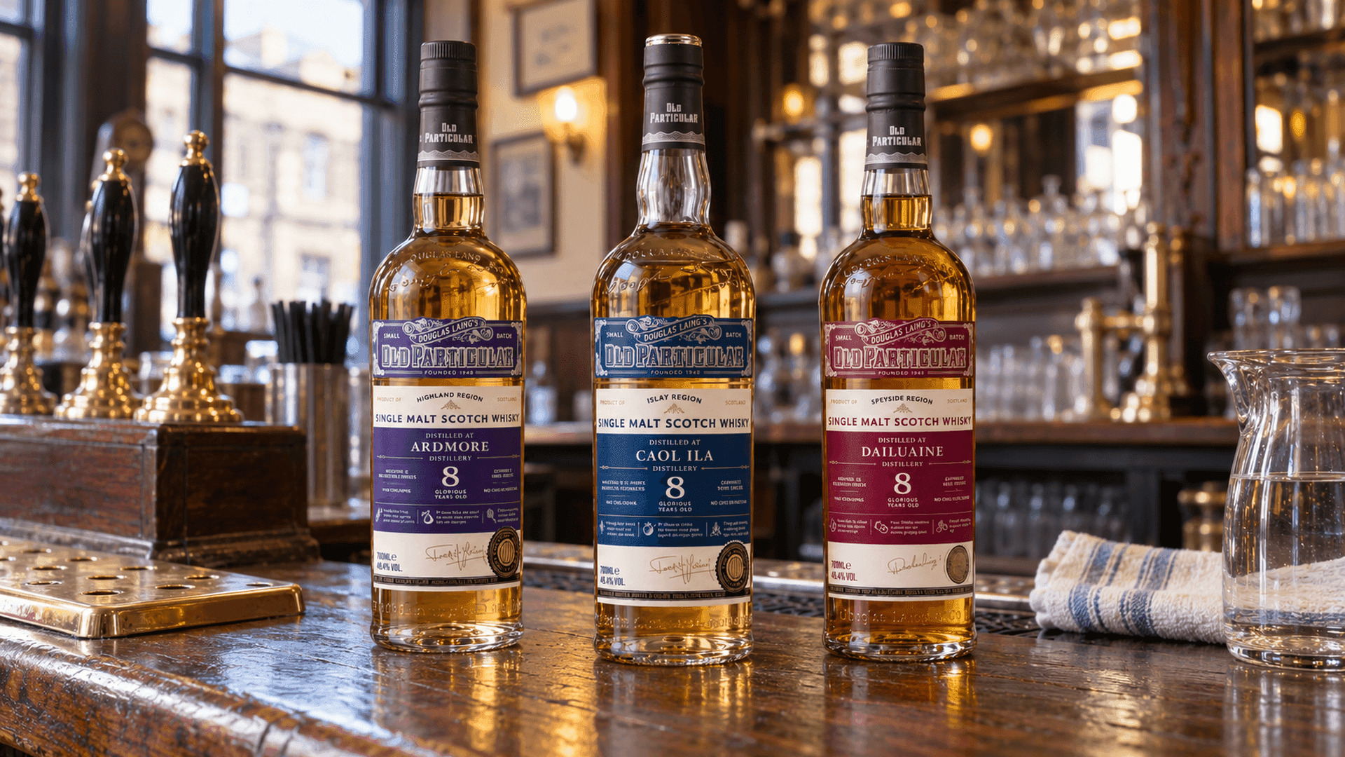 Drei Old Particular Small Batch Flaschen mit lilafarbenem, marineblauem und karmesinrotem Etikett auf einem Eichentresen in einem Glasgower Pub bei Tageslicht
