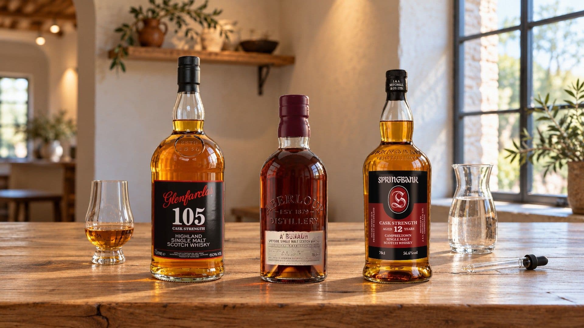 Flaschen Glenfarclas 105 Cask Strength, Aberlour A'bunadh Batch 76 und Springbank 12 Years Old Cask Strength auf einem hellen Eichentisch an einem sonnigen Fenster, dazu ein Nosingglas, eine Wasserkaraffe und eine Glaspipette.