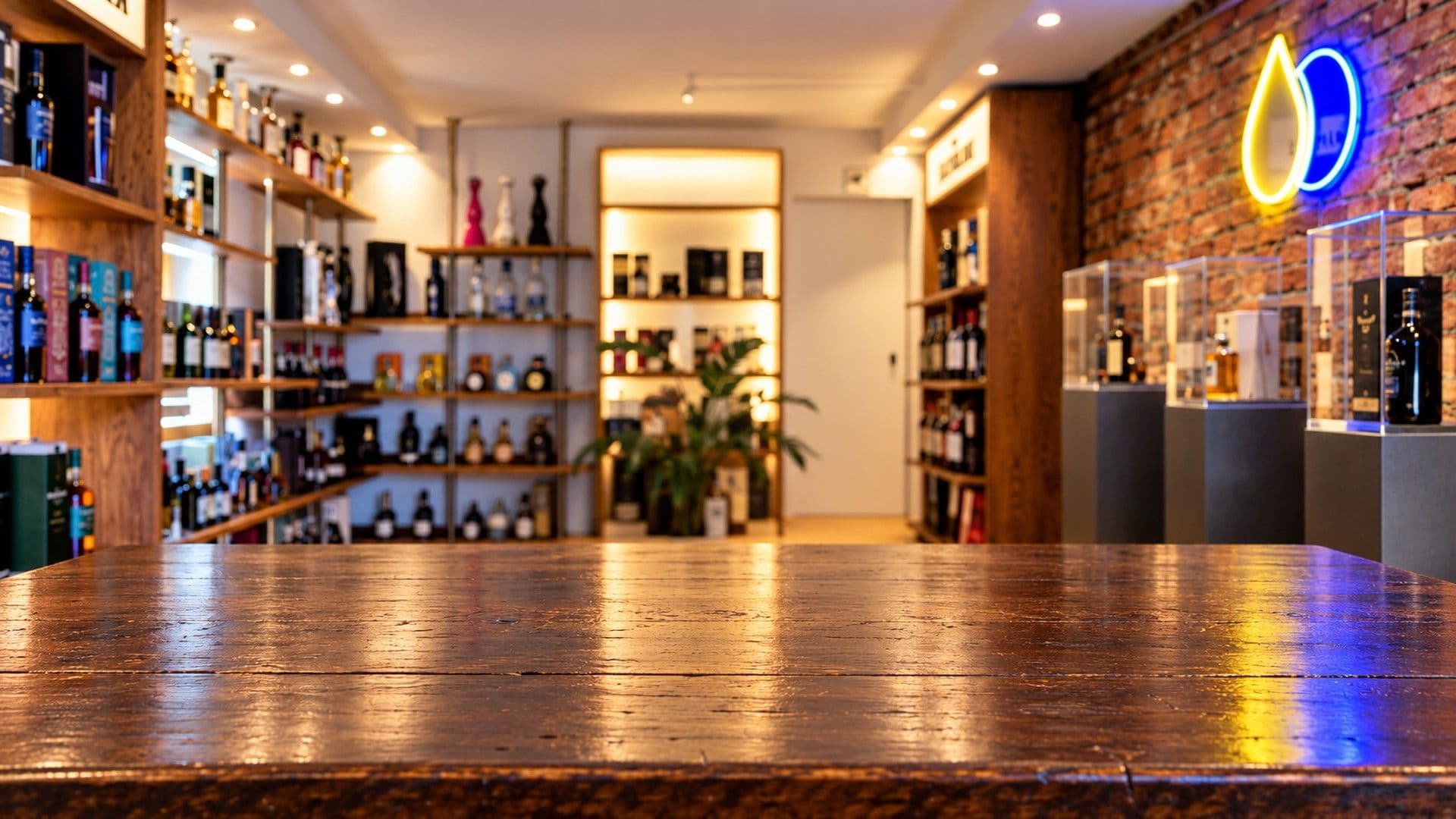 Blick in den Spiritory Shop im Stemmerhof in München, mit Whiskyregalen, Glasvitrinen und einer Backsteinwand mit dem Spiritory Neonlogo