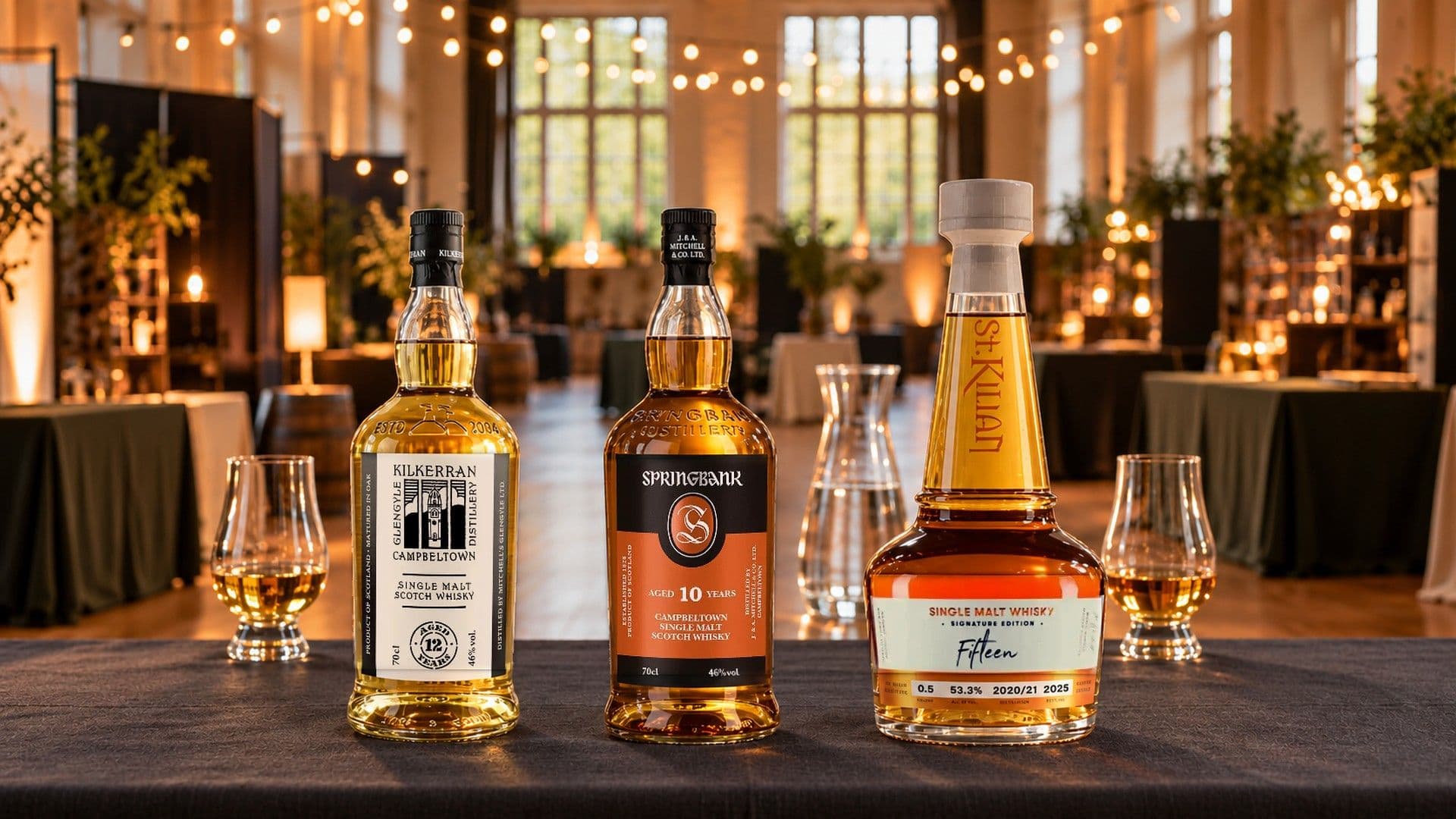 Flaschen Kilkerran 12 Years Old, Springbank 10 Years Old und St. Kilian Signature Edition Fifteen auf einem langen Messetisch in einer Whiskymesse Halle mit Lichterketten, daneben zwei Nosinggläser und dazwischen eine Wasserkaraffe.