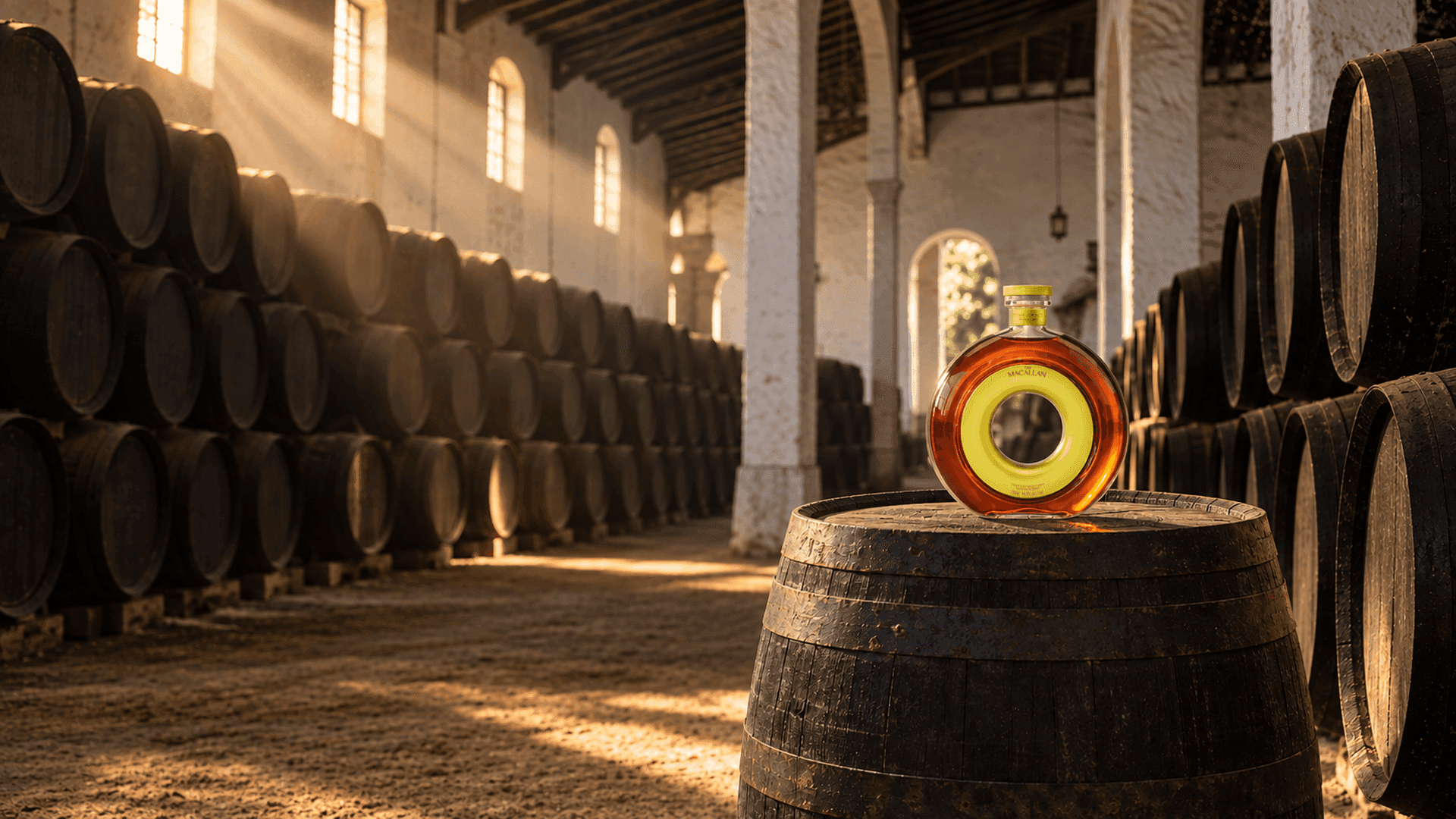 Der Macallan TIME : SPACE Sherry Cask auf einem Sherryfass in einer sonnigen Bodega in Jerez voller schwarzer Fässer