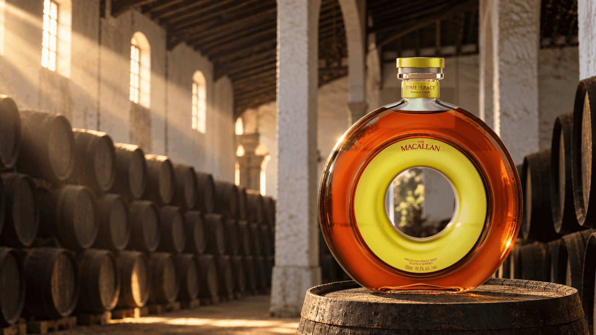 Il Macallan TIME : SPACE Sherry Cask su una botte di sherry in una bodega di Jerez illuminata dal sole tra botti nere
