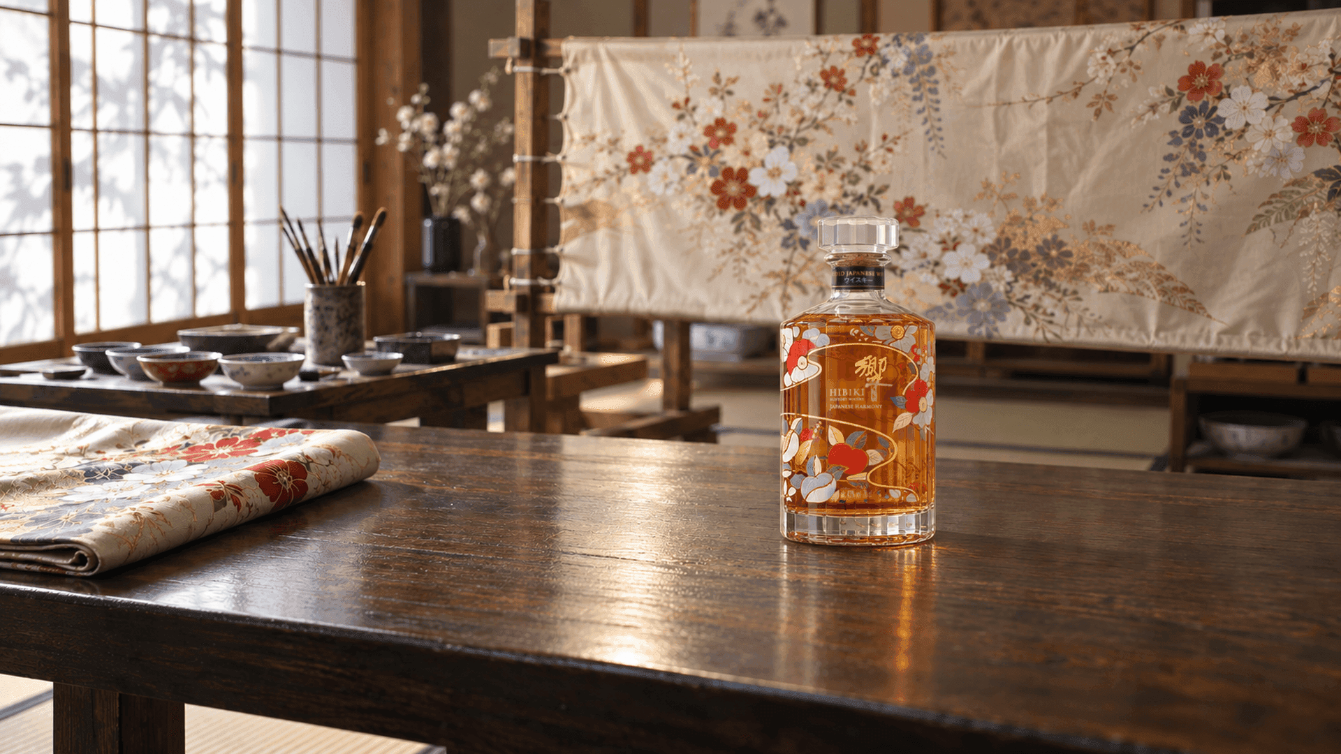 Die Hibiki Chiso Flasche auf einem dunklen Holztisch in einer Kyotoer Textilwerkstatt mit handbemalter Seide dahinter
