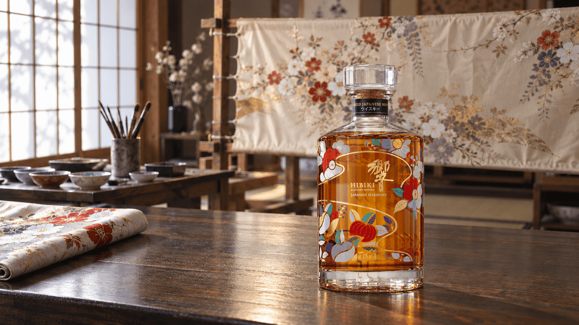 The Hibiki Chiso bottle on a dark wooden table in a Kyoto textile workshop with hand painted silk behind it