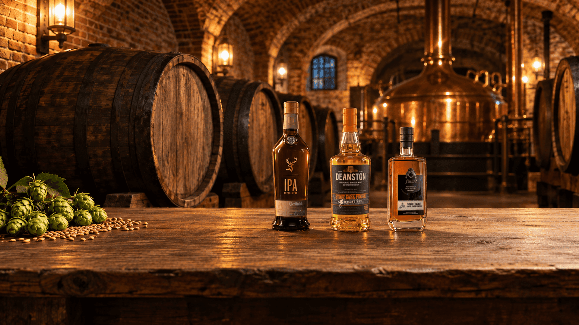Glenfiddich IPA Experiment, Deanston Dragon's Milk and Finch Edition Berg on an oak table in a brewery cellar