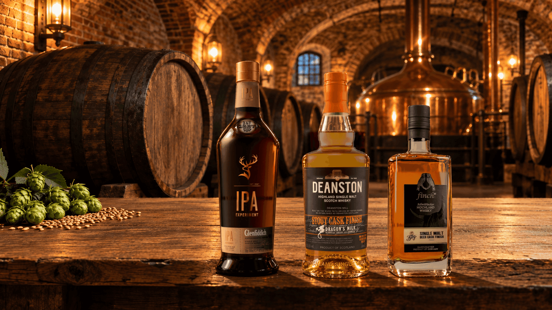 Glenfiddich IPA Experiment, Deanston Dragon's Milk und Finch Edition Berg auf einem Eichentisch in einem Brauereikeller