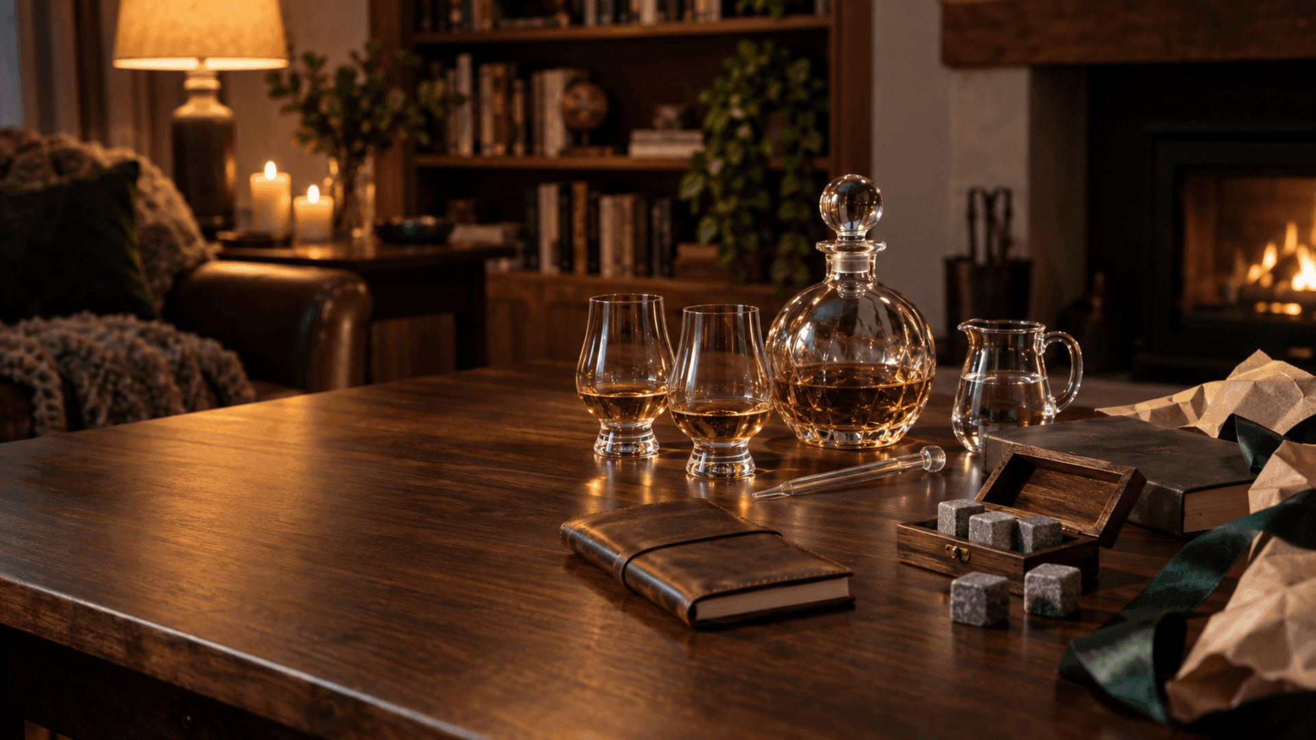 Whisky accessories arranged as a gift on a walnut table: two nosing glasses, a crystal decanter, a pipette, a water jug, whisky stones in a wooden box and a leather tasting notebook
