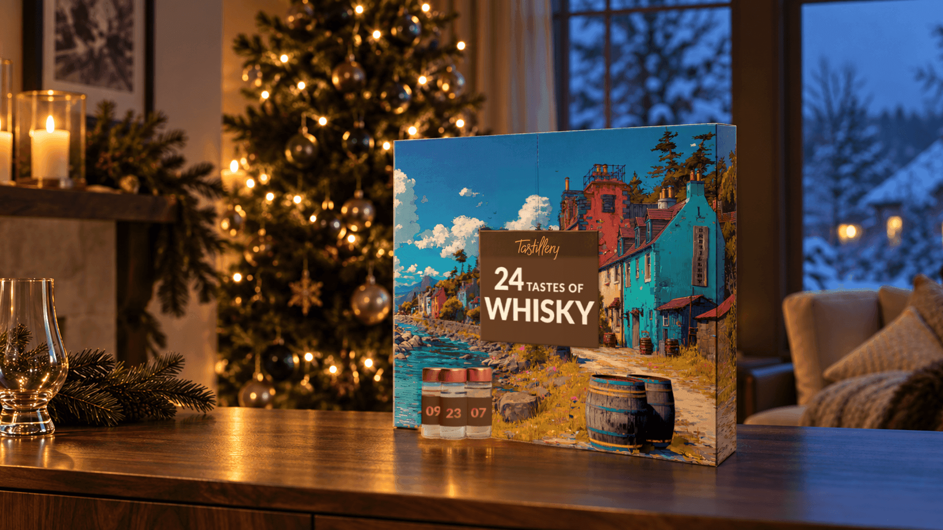Adventskalender Tastillery 24 Tastes of Whisky mit drei Probenröhrchen auf einem Nussbaumsideboard neben Tannenzweigen, Tannenzapfen und einem Nosingglas, vor einem beleuchteten Weihnachtsbaum und einem verschneiten Fenster