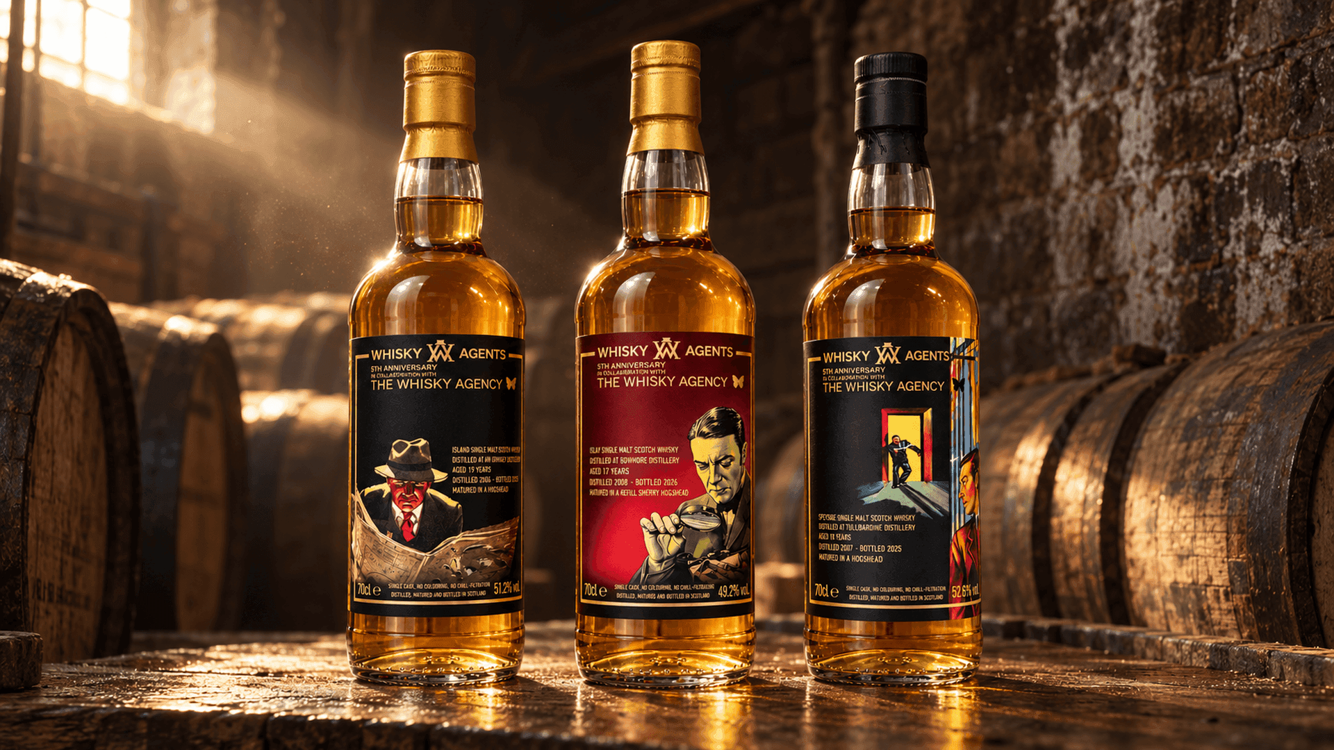 Five Scotch whisky bottles from Whisky Agents fifth anniversary collection featuring detective inspired labels and representing distinct Scottish regions