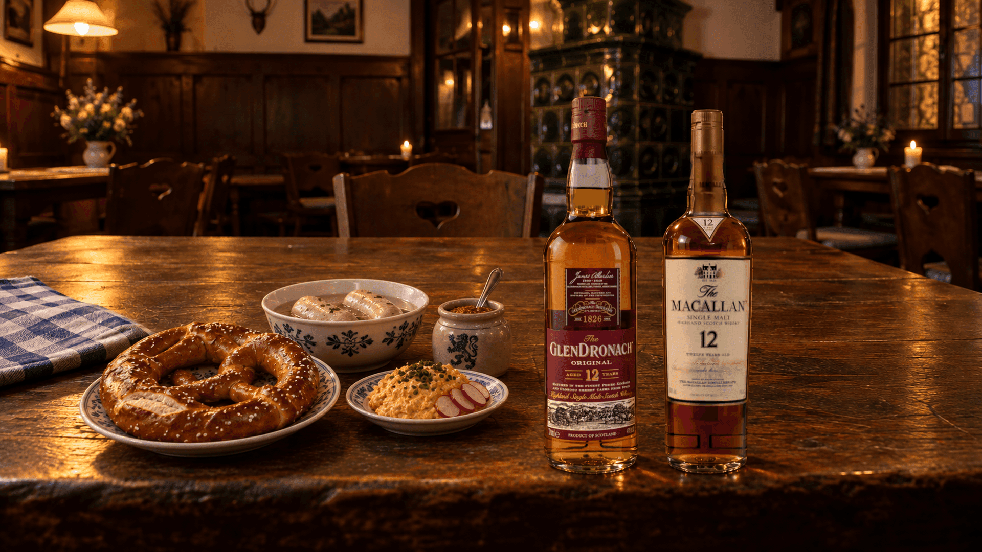 GlenDronach 12 and Macallan 12 on a Munich tavern table with a Brezn, Weisswurst, Obatzda and two nosing glasses