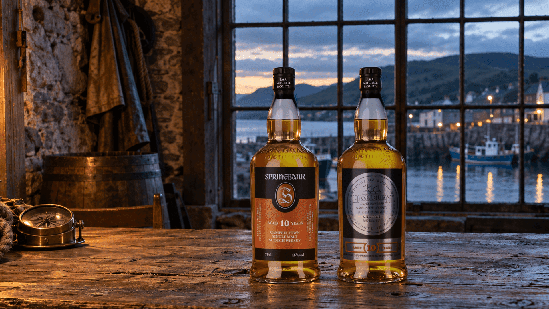Springbank 10 Jahre und Hazelburn 10 Jahre auf einem alten Holztisch in einem Raum am Hafen von Campbeltown in der Abenddämmerung, mit einem Tau und einem Messingkompass
