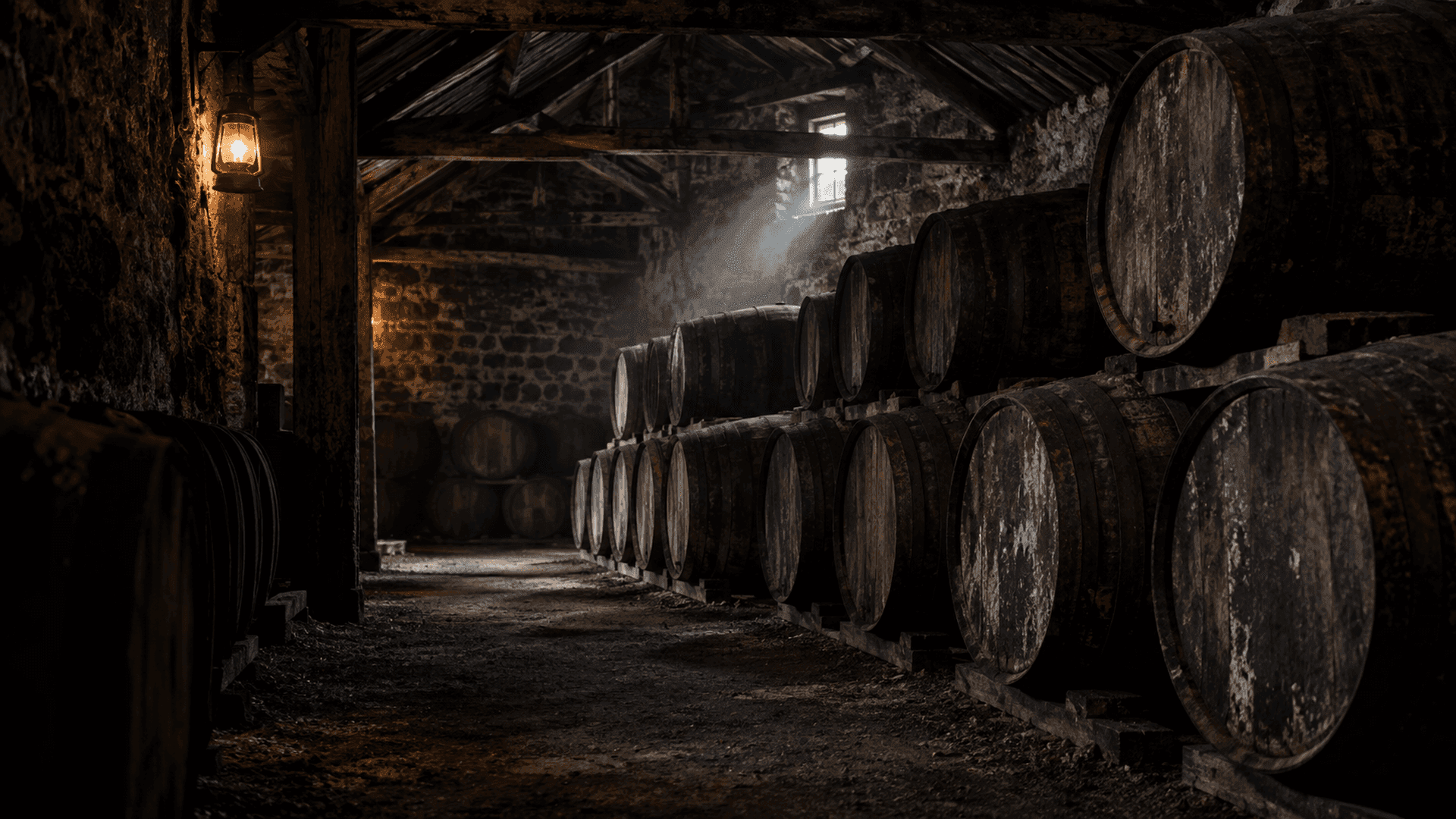Reihen alter dunkler Sherryfässer aus Eiche auf Holzbalken in einem schwach beleuchteten Dunnage Lagerhaus aus Stein mit Erdboden, erhellt von einer Laterne und einem einzelnen Lichtstrahl