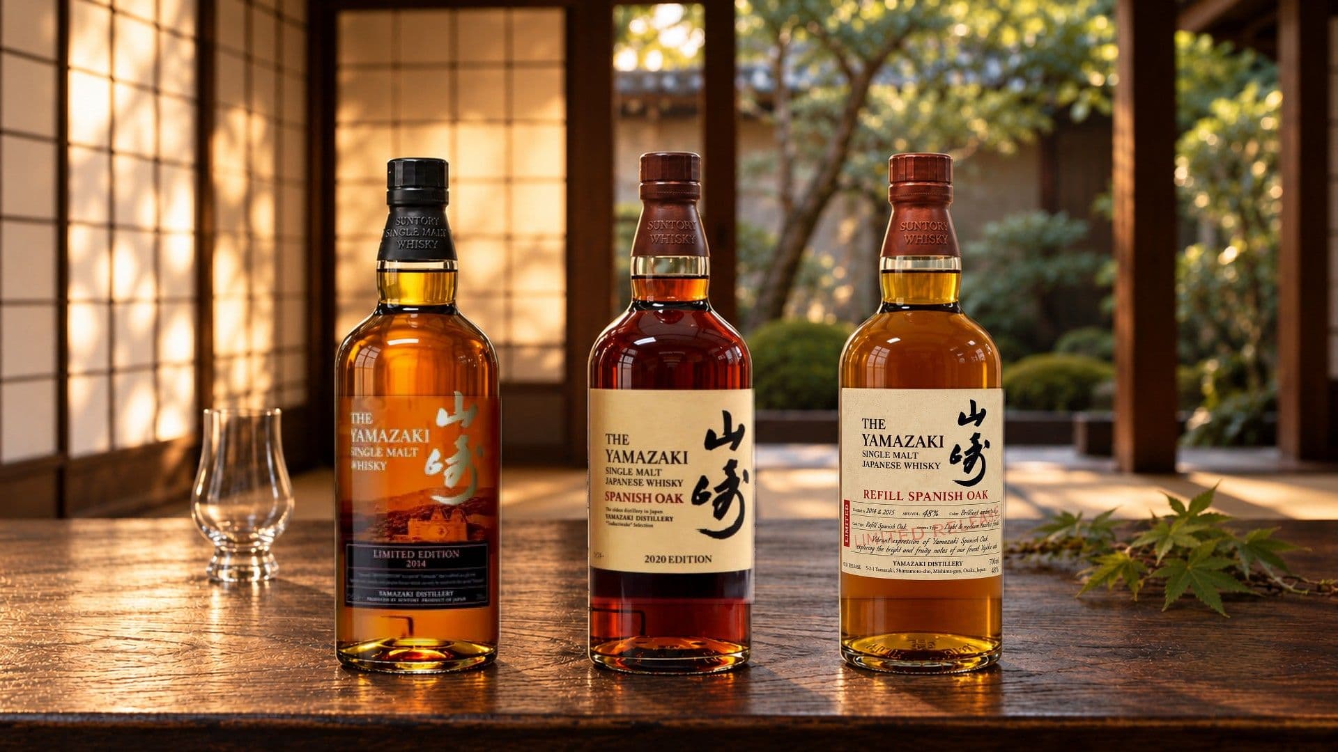 Three Yamazaki single malt bottles, the 2014 Limited Edition, 2020 Spanish Oak Edition and 2026 Refill Spanish Oak, on a dark wooden table in a Japanese room, with an empty glass and a maple sprig.