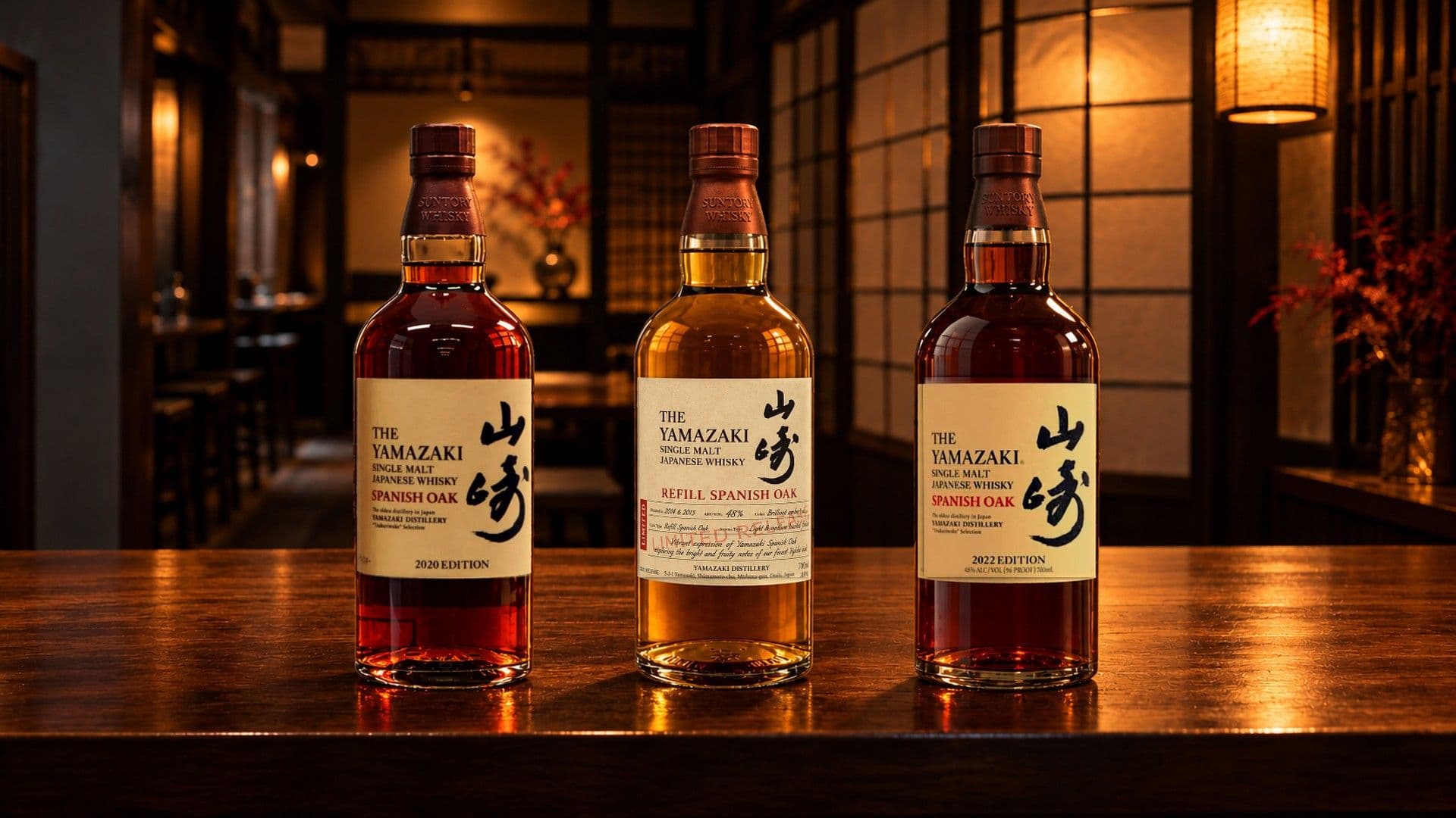 Three Yamazaki bottles side by side on a dark polished wooden bar counter in a Japanese whisky bar: the Spanish Oak 2020 Edition, the Refill Spanish Oak Limited Release 2026 and the Spanish Oak 2022 Edition.