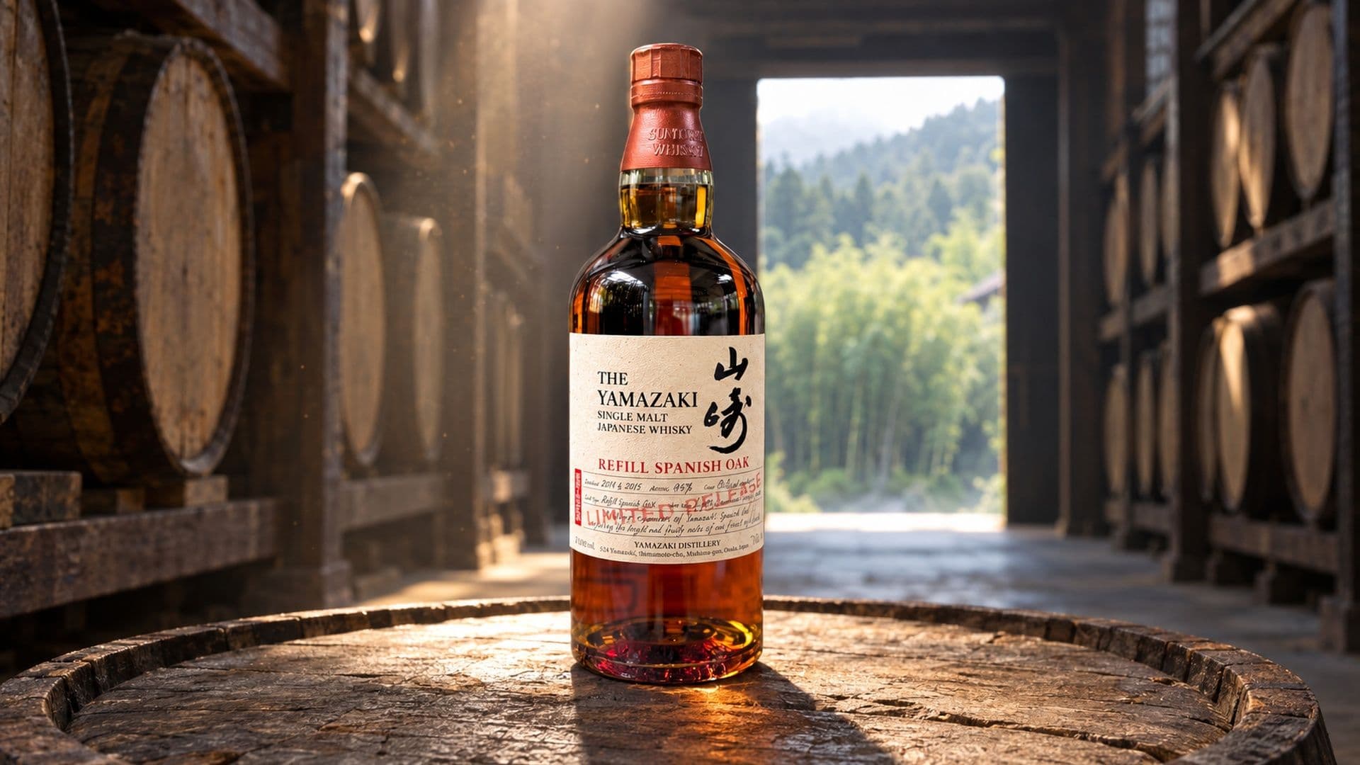 The Yamazaki Refill Spanish Oak bottle on an oak cask head in a quiet Japanese distillery warehouse lined with Spanish oak casks.